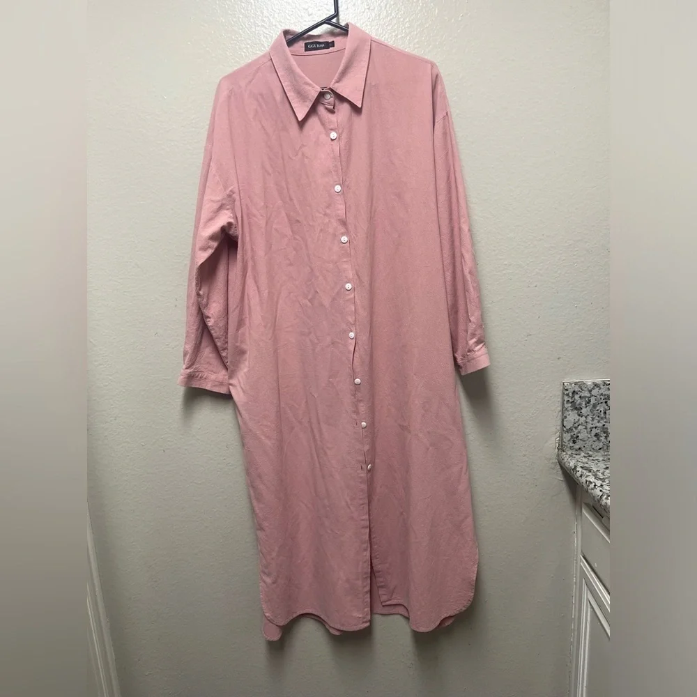 GGUHHU Pink Long Sleeve Button-Up Dress